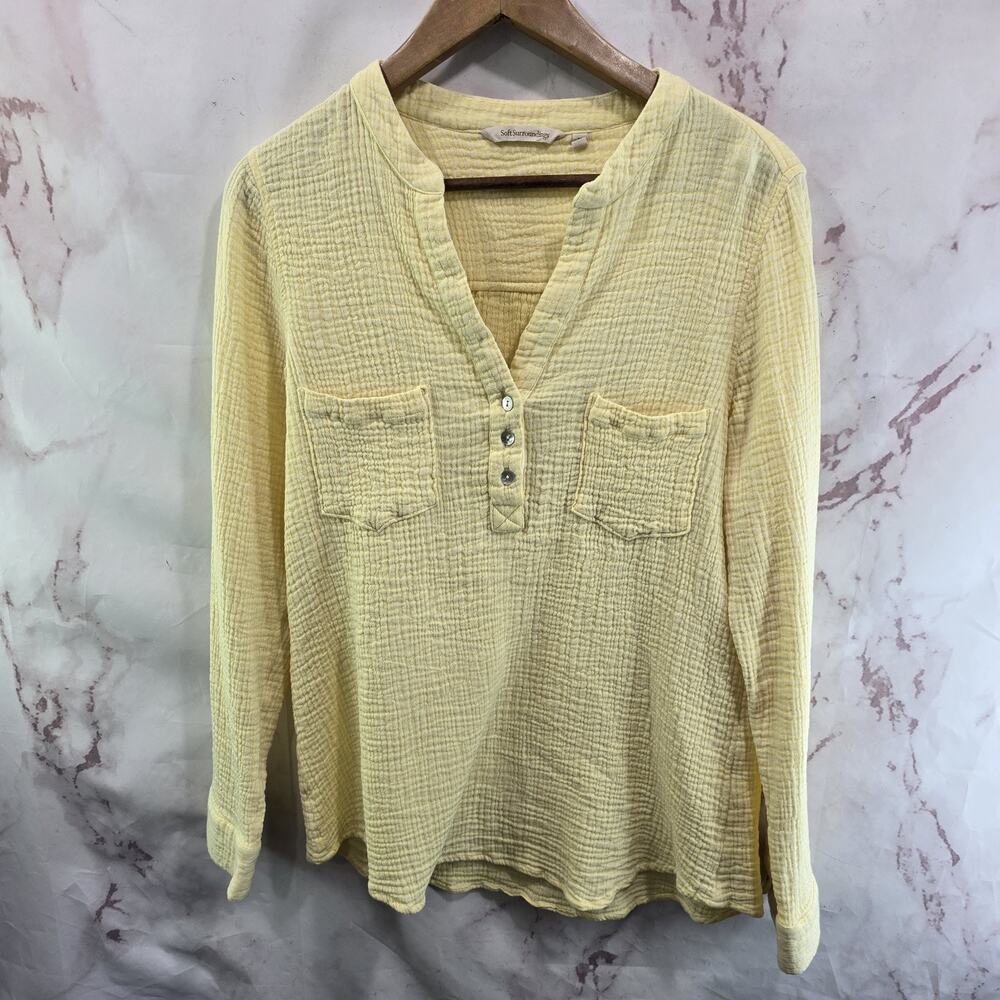 Soft Surroundings Shirt Womens Medium Yellow Button Long Crinkle Gauze Henley